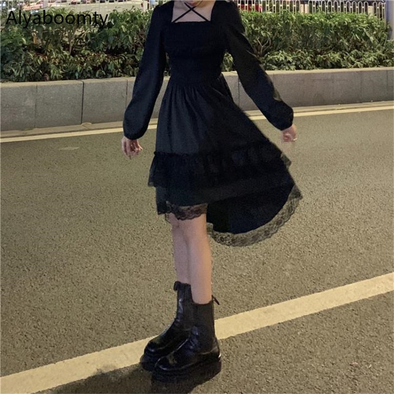 shop with crypto buy New Gothic Women Black Fairy Party Dress Cross Square Collar Lolita Princess Irregular Dress Cute Kawaii Lace Ruffles Chic Dress pay with bitcoin