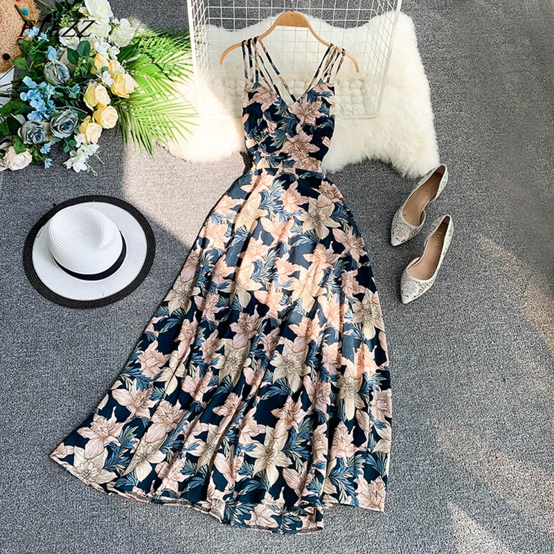 shop with crypto buy FTLZZ Women Floral Print Dress Summer Sexy V neck Backless Long Dresses Female Elegant Bohemian Party Dress Vestido pay with bitcoin