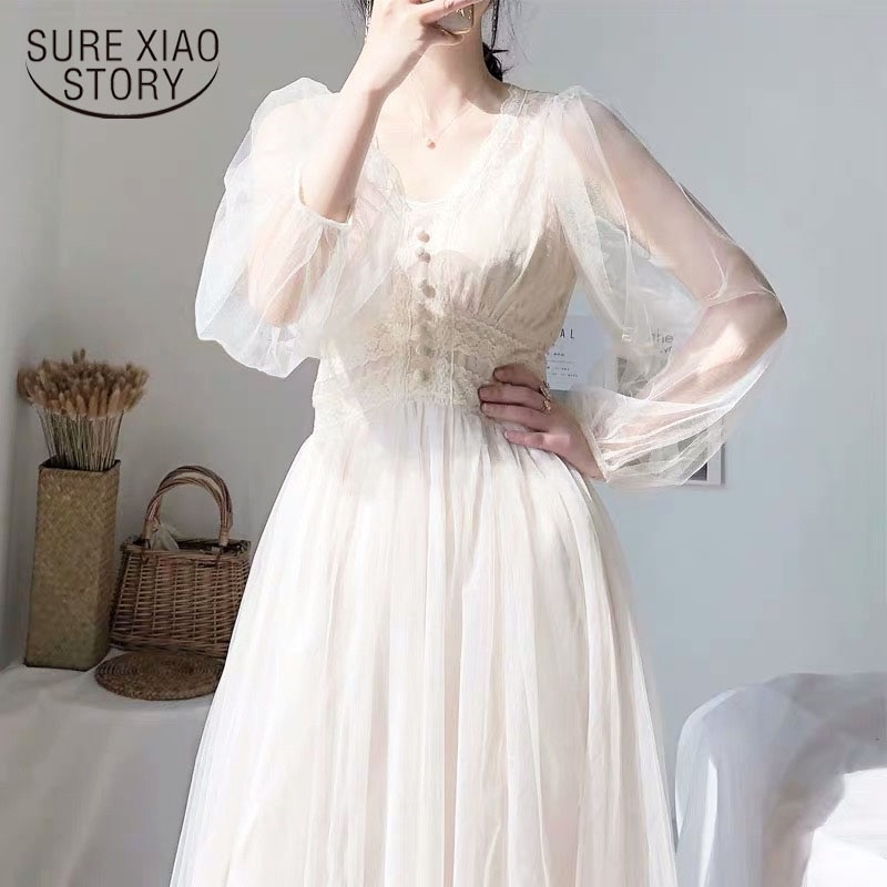shop with crypto buy 2021 Women Spring Dress Vintage Elegant with Button A Line Dress Solid Puff Sleeve Lace Voile Mesh Dress Women Vestidos 8126 pay with bitcoin