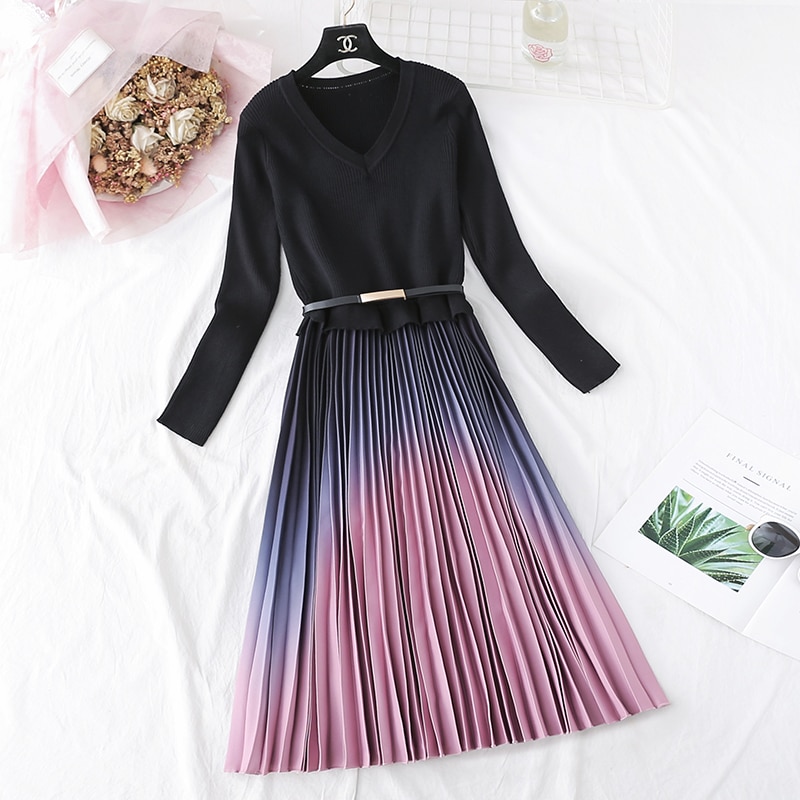 shop with crypto buy Autumn Winter Elegant Knitted Patchwork Gradient Pink Pleated Dress Women Long Sleeve Office One-Piece Sweater Dress With Belt pay with bitcoin