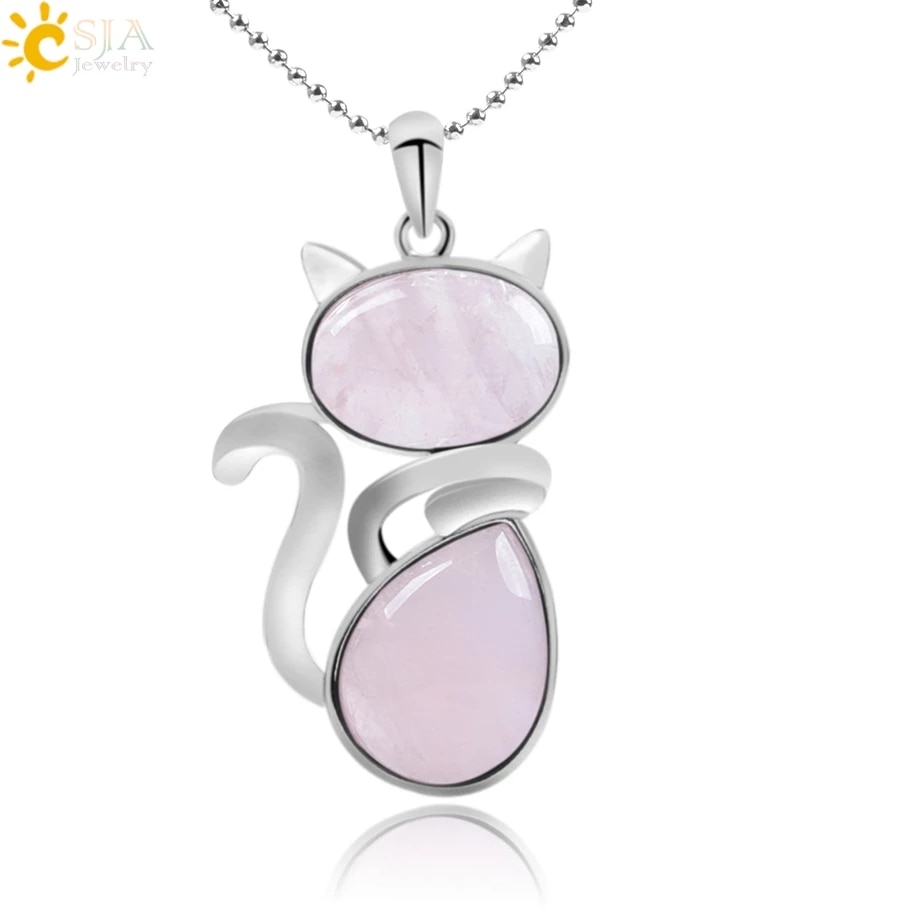 shop with crypto buy CSJA Reiki Natural Stone Necklaces Pink Quartz Pendants for Women Girl Cute Cat Shape Rock Black Onyx Beads Chain Jewelry F066 pay with bitcoin