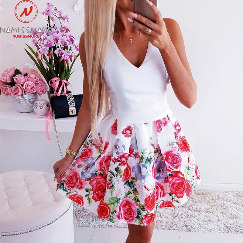 shop with crypto buy Women Summer Flower Printed A Line Dress O Neck V  Neck Sleeveless Mini Dress Elegant Lady Steet wear Party Dress Without Belt pay with bitcoin