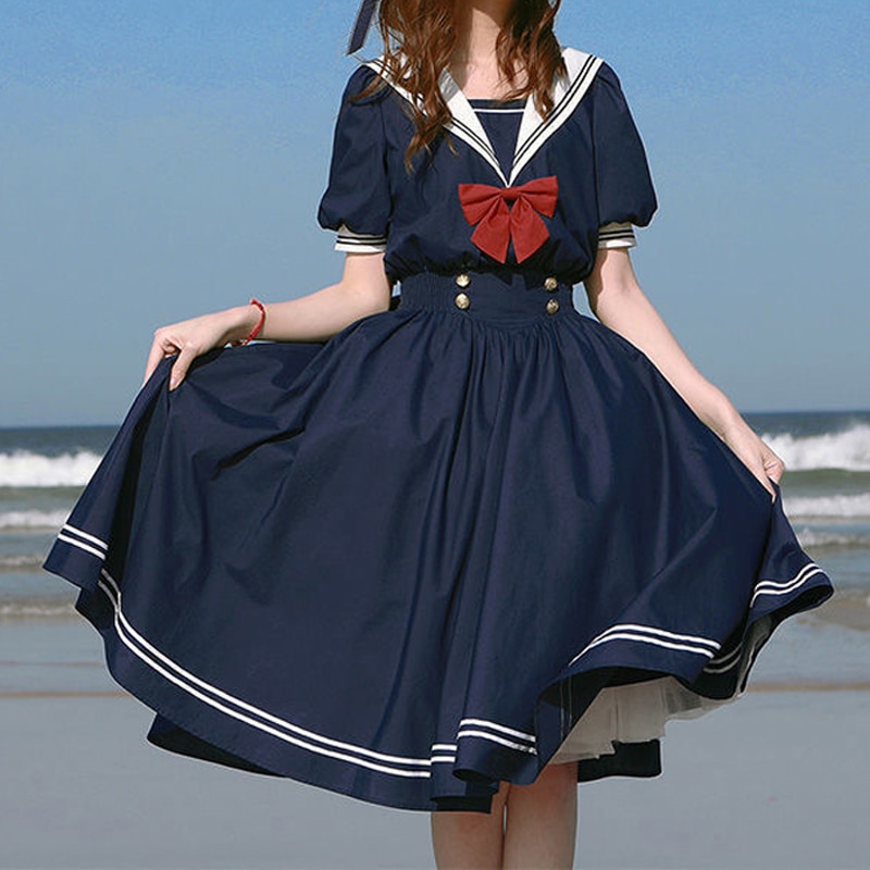 shop with crypto buy Hara juku Sailor Collar Navy Dress Japanese Lolita Sweet Bow knot Girl Retro Cotton Kawaii Preppy Style Short Sleeve Dress Women pay with bitcoin
