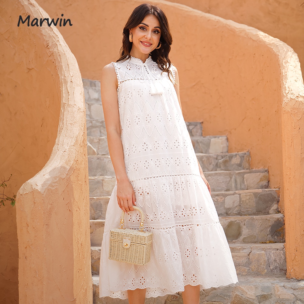 shop with crypto buy Marwin Long Simple Casual Solid Hollow Out Pure Cotton Holiday Style High Waist Fashion Mid Calf Summer Dresses NEW Vestidos pay with bitcoin