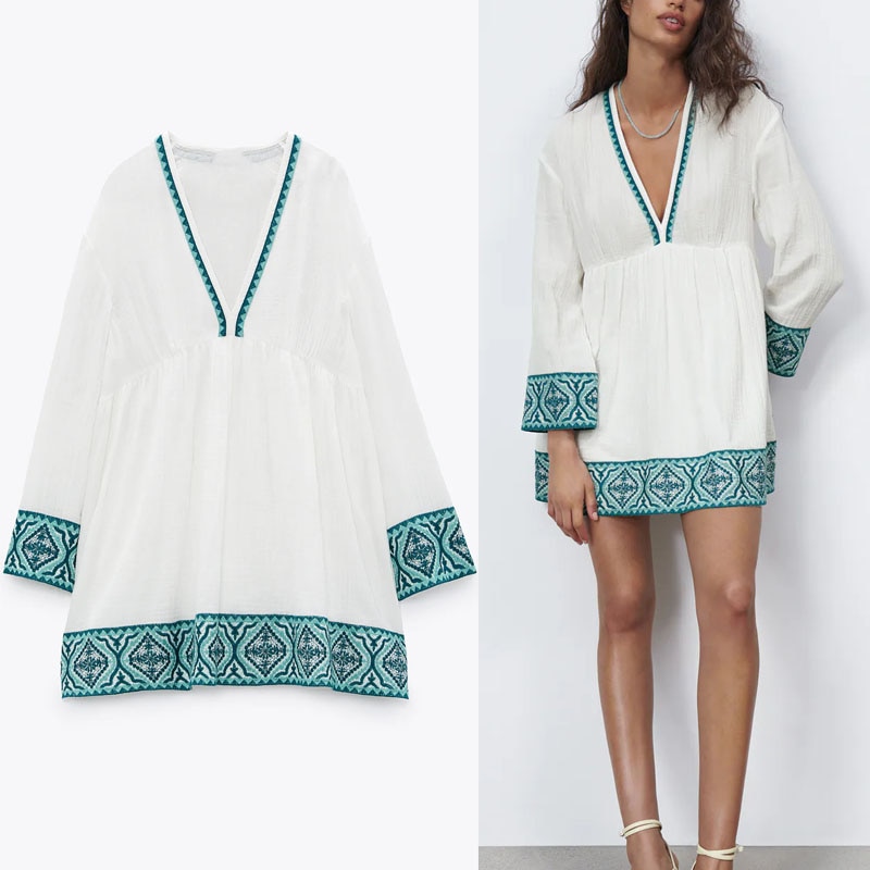shop with crypto buy Women Textured Mini Embroidery Dress Za 2021 Patchwork Long Puff Sleeve Vintage Loose Summer Dress Woman Pleated White Dresses pay with bitcoin