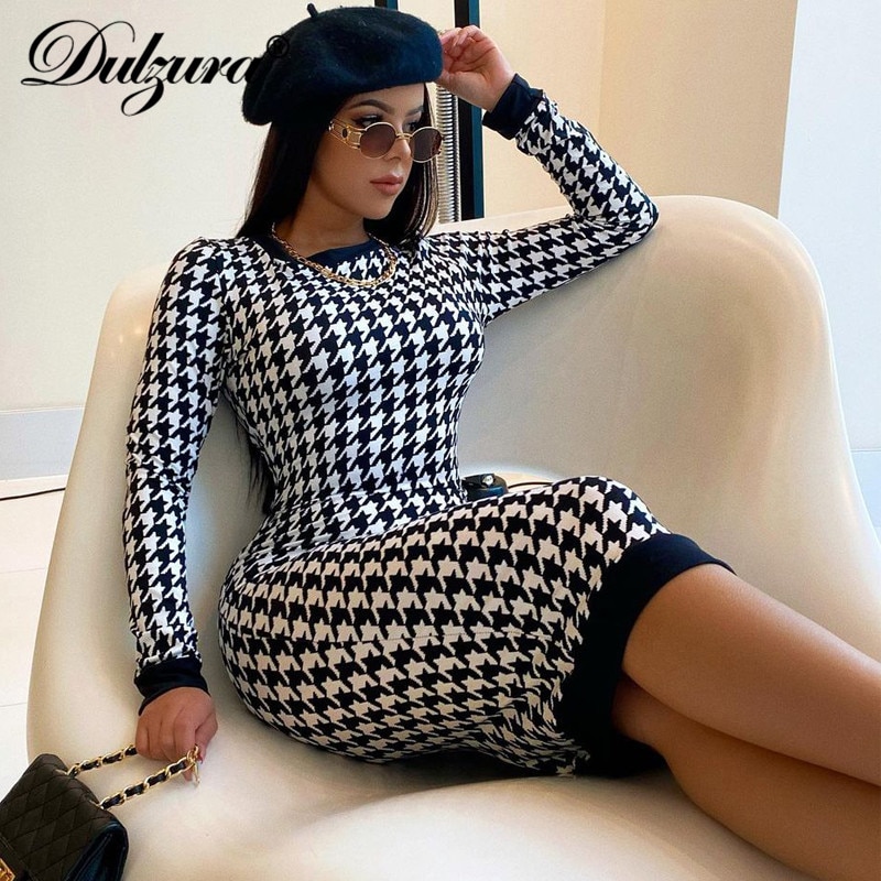 shop with crypto buy Dulzura Houndstooth Print Women Long Sleeve Midi Dress Hollow Out Bodycon Sexy Streetwear 2020 Autumn Winter Club Elegant Slim pay with bitcoin