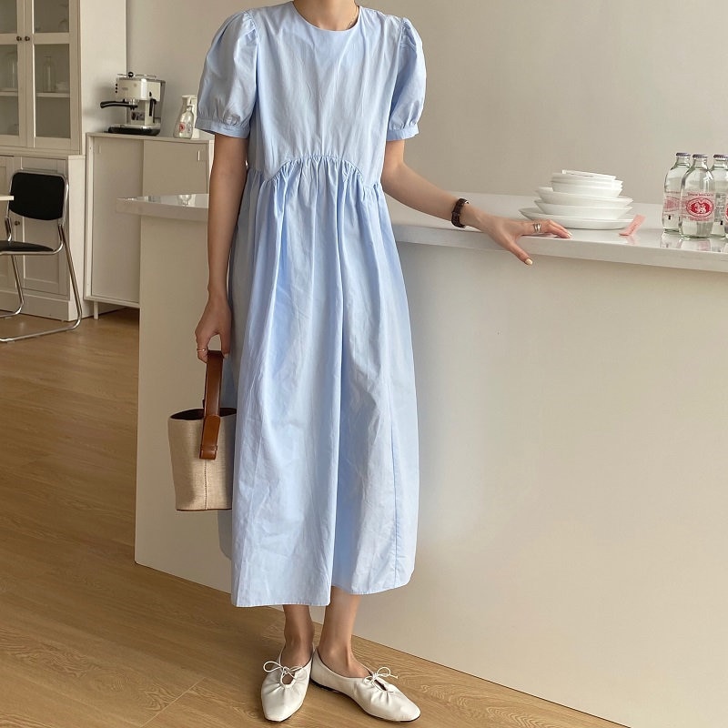 shop with crypto buy Alien Kitty Vintage Lantern Sleeves Irregular Pleated High Quality 2021 Casual Summer Solid Women All Match Stylish Long Dress pay with bitcoin