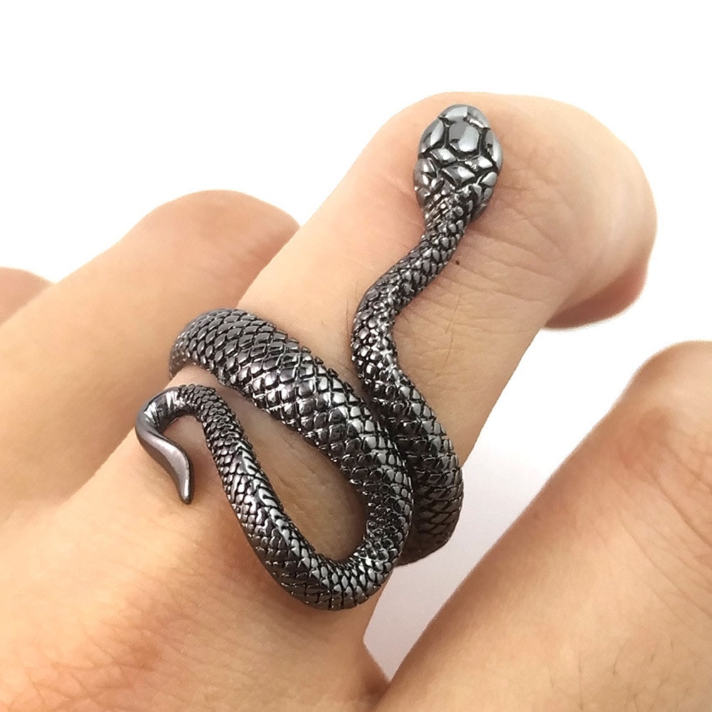 shop with crypto buy Retro Punk Snake Ring for Men Women Exaggerated Antique Siver Color Fashion Personality Stereoscopic Opening Adjustable Rings pay with bitcoin