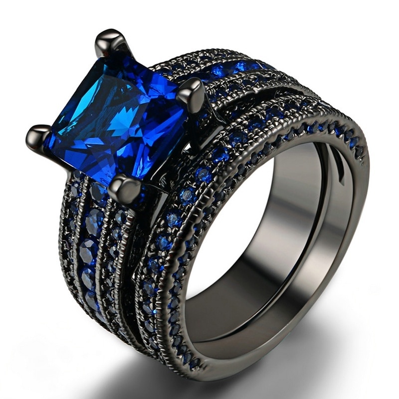 shop with crypto buy FDLK Black Gold Rhinestone Princess Cut Black or Blue CZ Wedding Engagement Band Bridal Rings Set Size 5 12 pay with bitcoin
