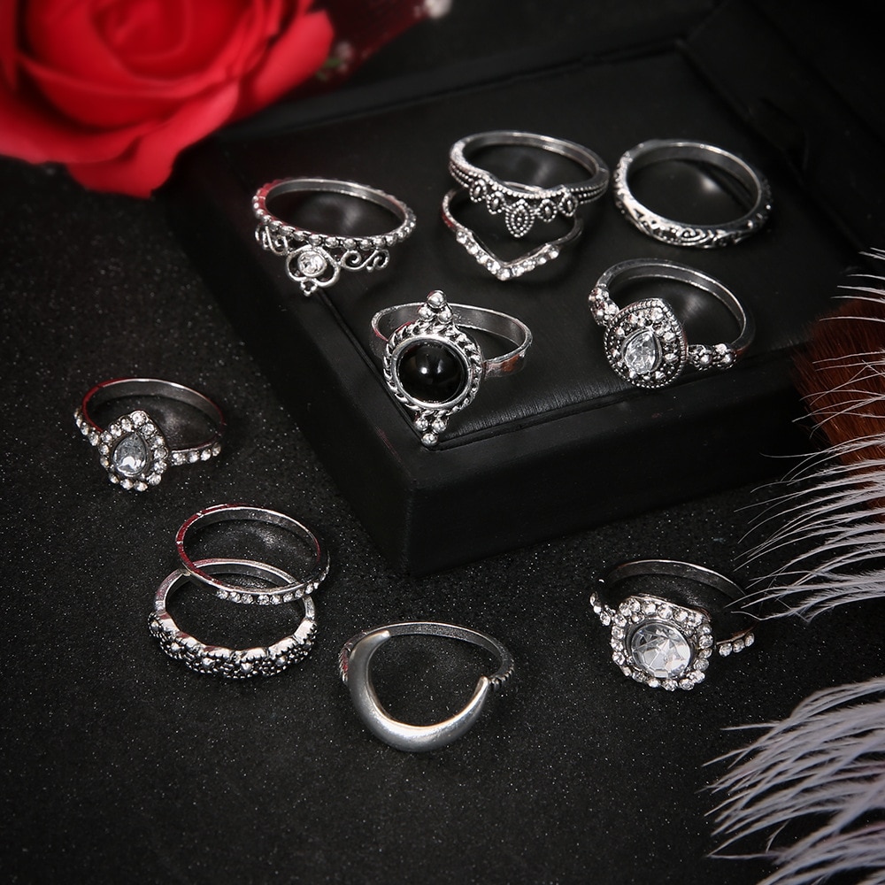 shop with crypto buy Vintage Women crystal Finger Knuckle Rings Set For Girls Moon lotus Charm Bohemian Ring Fashion Jewelry Gift pay with bitcoin