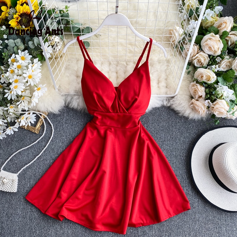 shop with crypto buy Women A line Sexy Dress V Neck Spaghetti Strap Backless Mini Dresses Soild Color Vestidos Slim Trend 2020 High Waist For Party pay with bitcoin