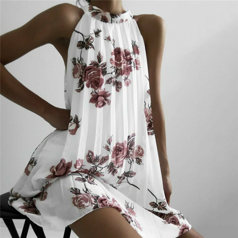 shop with crypto buy Fashion Women Boho Beach Summer Sleeveless Halter Floral Dress Elegant Off Shoulder Loose Sundress Ladies Dames Streetwear pay with bitcoin