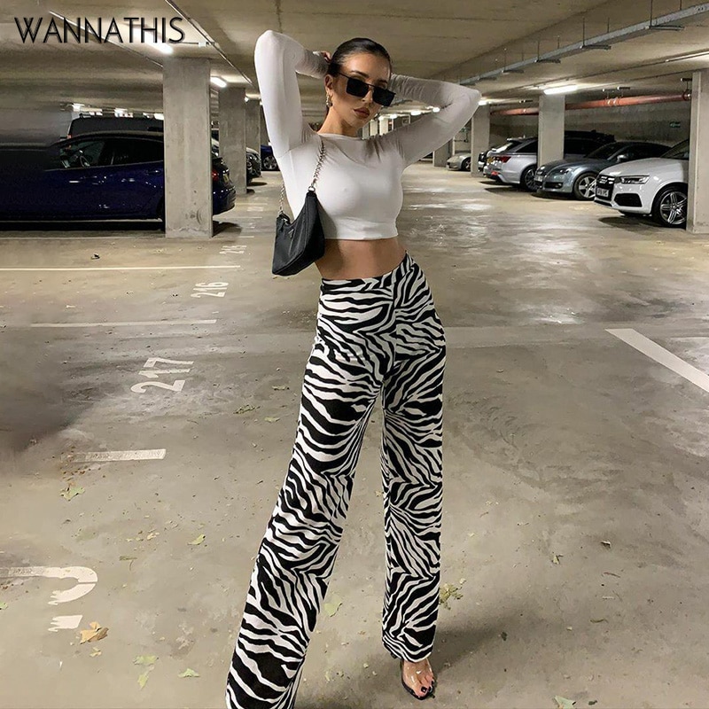 shop with crypto buy WannaThis Zebra Print Wide Leg Pants Trousers Sexy High Waist Autumn Women New 2020 Fashion Casual Female Trousers Streetwear pay with bitcoin