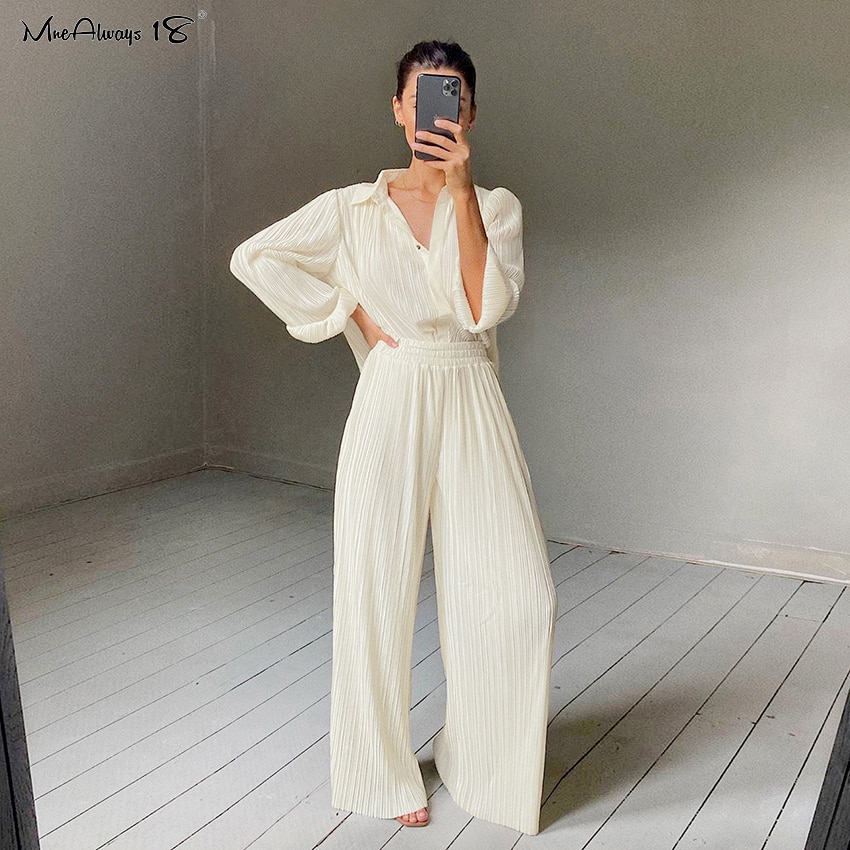 shop with crypto buy Mnealways18 Beige Pleated Wide Leg Pants Womens Pants Fashion 2021 Casual Loose Trousers Office Lady Elegant Long Palazzo Pants pay with bitcoin