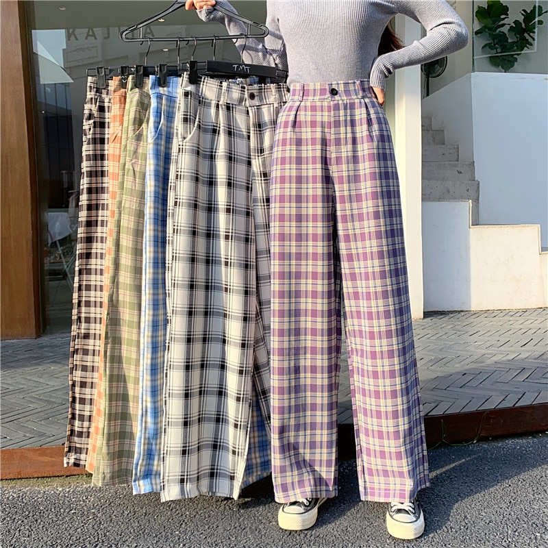 shop with crypto buy Simple Vintage Plaid Causal Long Women Pants Street Fashion Straight Wide Leg Pant pay with bitcoin