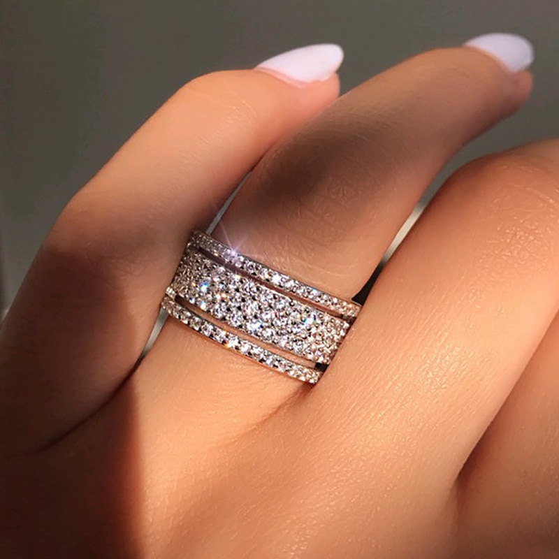 shop with crypto buy Elegant Silver Color Rhinestone Crystal Ring Wide Love Rings For Women Wedding Engagement Full Zircon Finger Rings Jewelry Gifts pay with bitcoin