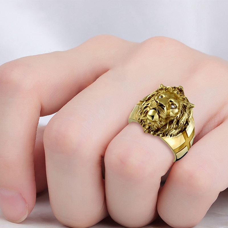 shop with crypto buy Golden Lion Head Ring Stainless Steel Cool Boy Band Party Lion Ring Domineering Men s Ring Golden Lion Head Ring Unisex Jewelry pay with bitcoin