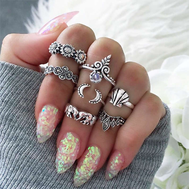 shop with crypto buy 32 Styles Bohemian Retro Crystal Flower Elephant Hollow Lotus Gem Ring Set Women Wedding Anniversary Gift pay with bitcoin