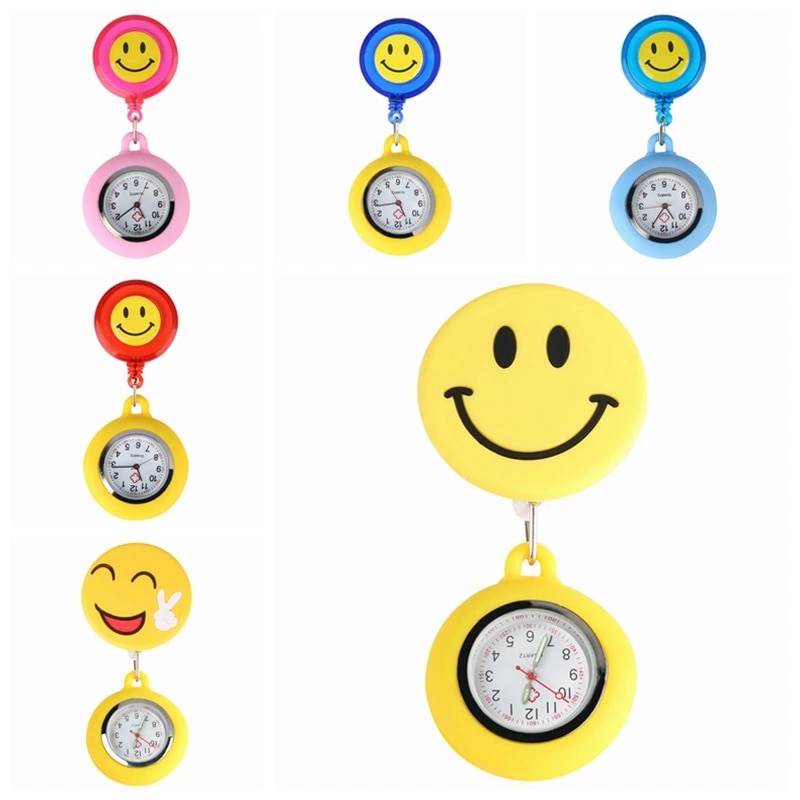shop with crypto buy Fashion Yellow Cute Smiling Clip on Fob Brooch Pendant Hanging Quartz Pocket Adjustable Watch For Medical Doctor Nurse Watches pay with bitcoin