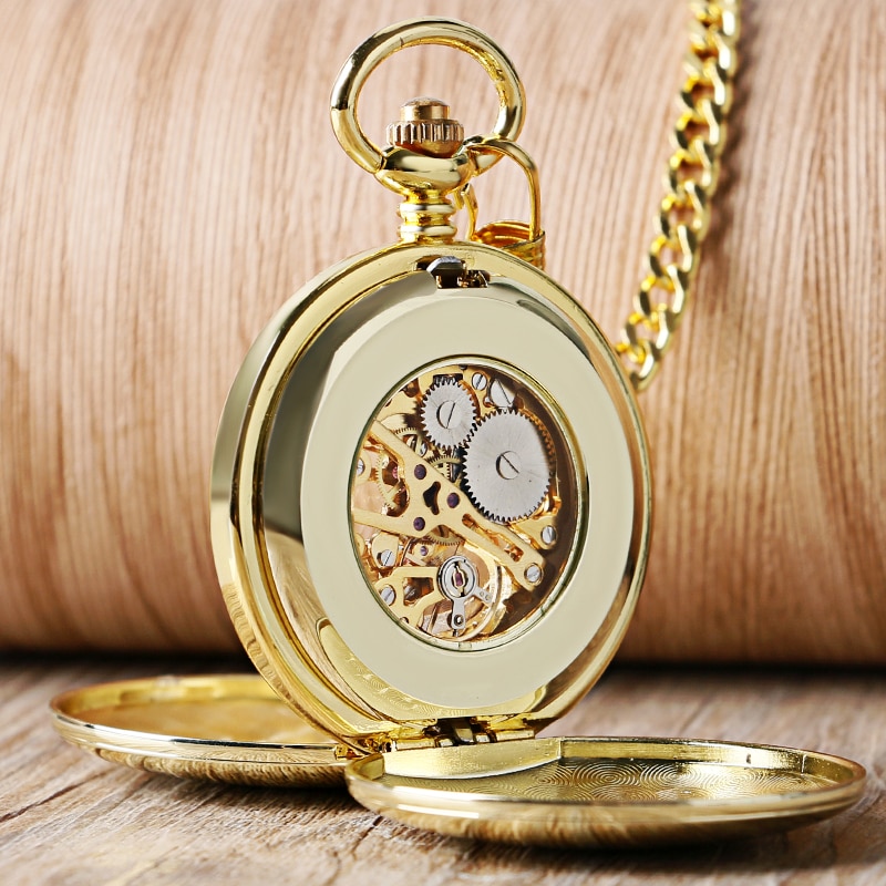 shop with crypto buy Navidad Christmas Gift Smooth Mechanical Pocket Watch Full Luxury Gold Color Men Women Stylish Retro FOB Hand Wind Double Hunter pay with bitcoin