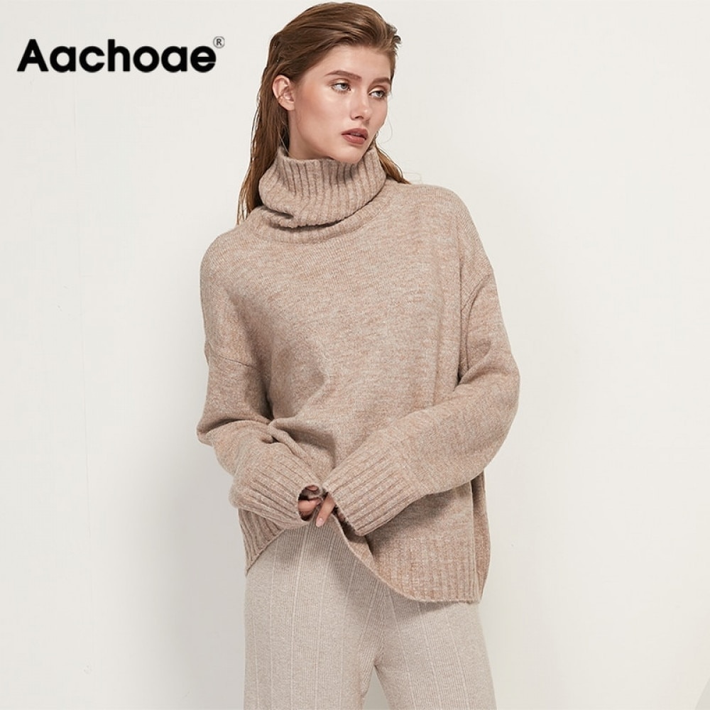 shop with crypto buy Aachoae Autumn Winter Women Knitted Turtleneck Cashmere Sweater 2020 Casual Basic Pullover Jumper Batwing Long Sleeve Loose Tops pay with bitcoin