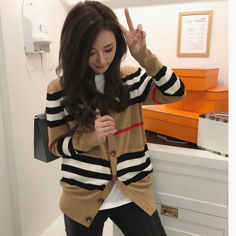 shop with crypto buy Women s sweater women s jacket cashmere cardigan mid length knitted jacket V neck loose striped sweater thin ladies trench coat pay with bitcoin