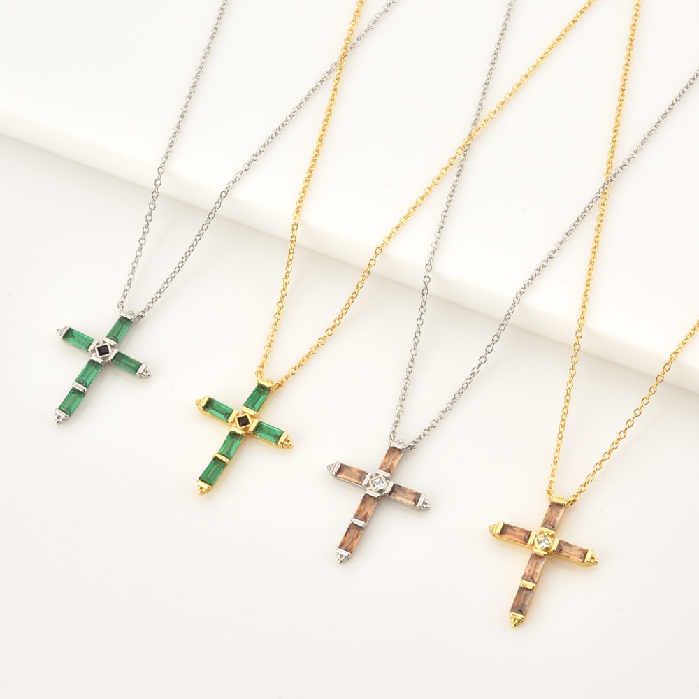 shop with crypto buy ANDYWEN 925 Sterling Silver Colorful Cross Pendant Necklace Long Chain Fine Jewelry Collar Corto Doris Verde Rosa Rock Punk Oro pay with bitcoin