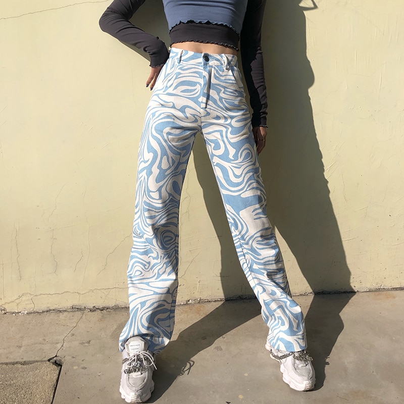 shop with crypto buy HEYounGIRL Zebra Print Casual High Waist Pants Women Fashion Skinny Long Trousers Ladies Blue Straight Sweatpants Streetwear pay with bitcoin