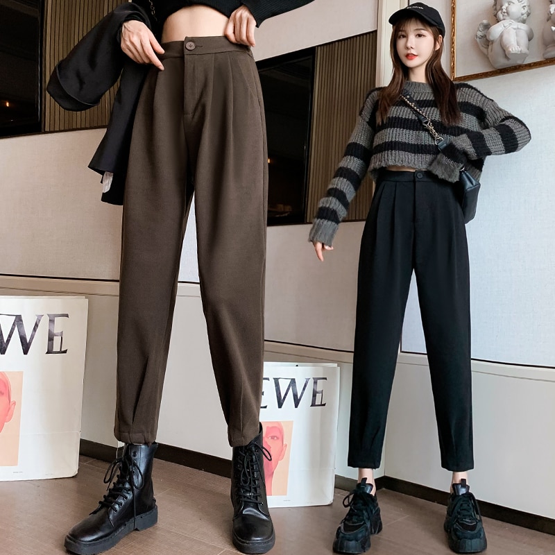 shop with crypto buy Autumn Winter Women s Pants Casual Street wear Loose High Waist Harem Pants Female Solid Woolen Black Brown Trousers Thin Legs pay with bitcoin