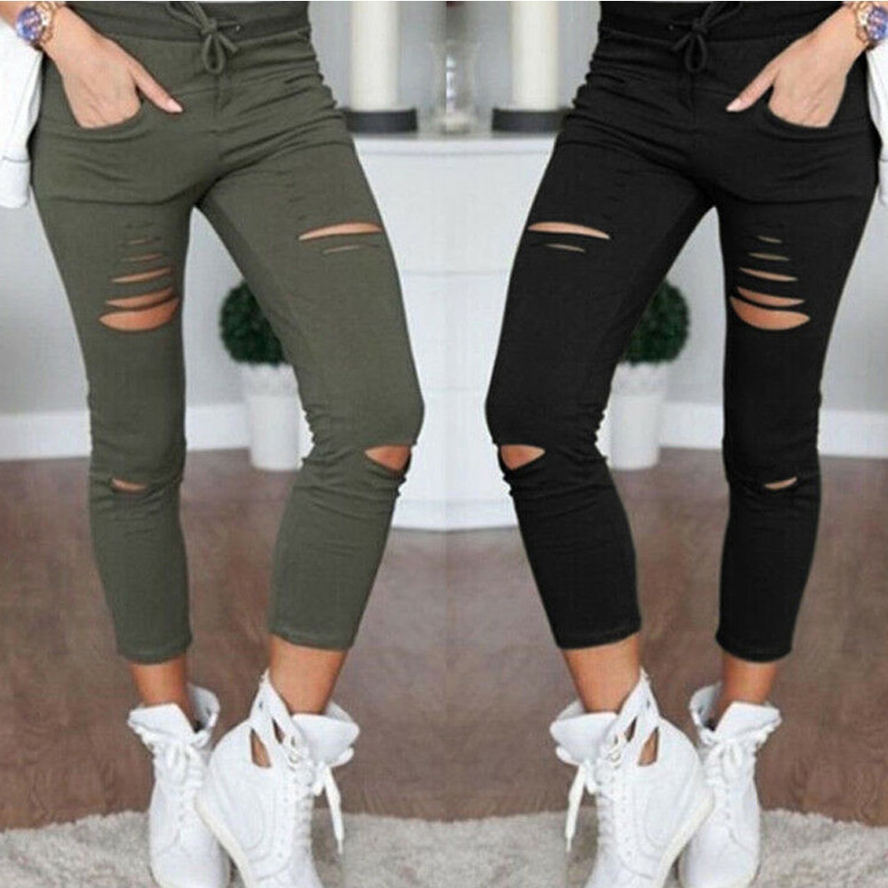 shop with crypto buy Cargo Pants Women Fashion Slim High Waisted Stretchy Skinny Broken Hole Pencil Pants Solid Color Streetwear Trousers Womens pay with bitcoin