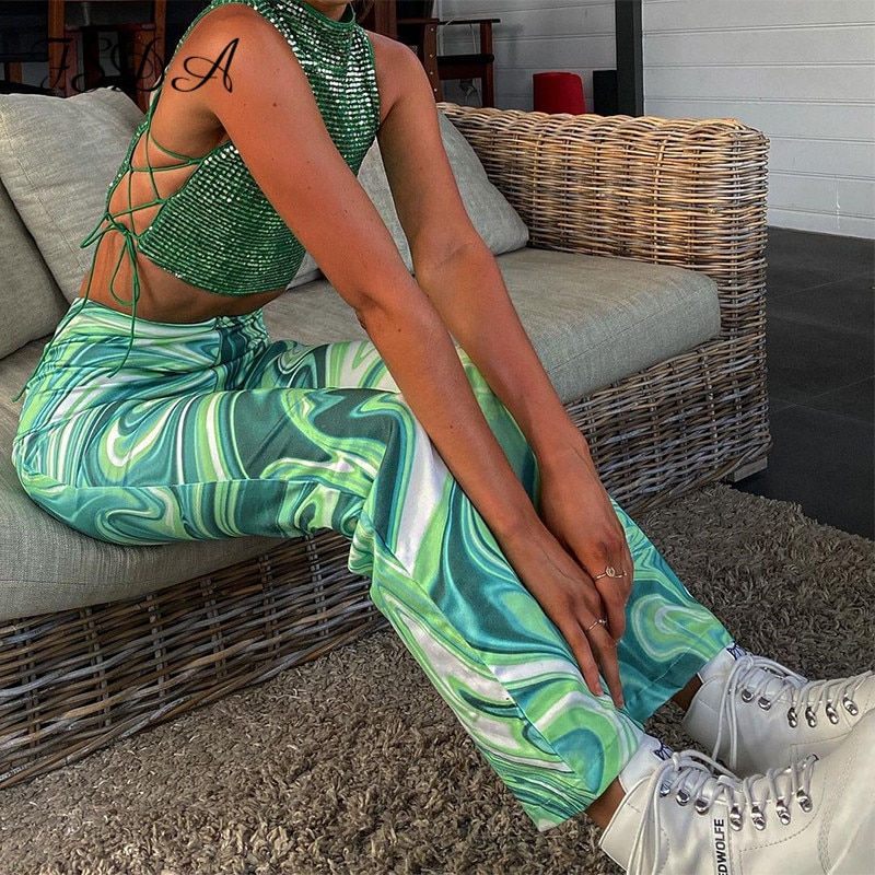 shop with crypto buy FSDA 2021 Tie Dye Print Pants Women Y2K Green Wide Leg Summer Spring Casual Vintage High Waist Zipper Fashion Trousers 90S pay with bitcoin