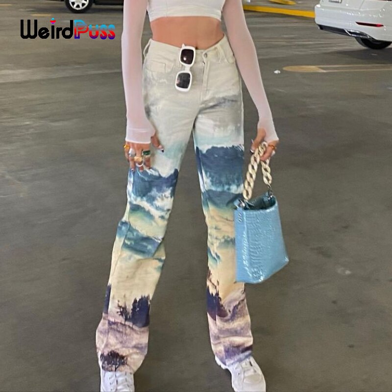 shop with crypto buy Weird Puss Y2K Cyber Cotton High Waist Pants Landscape Print Women Baggy Casual Straight Jogger Chic Streetwear Summer Trousers pay with bitcoin