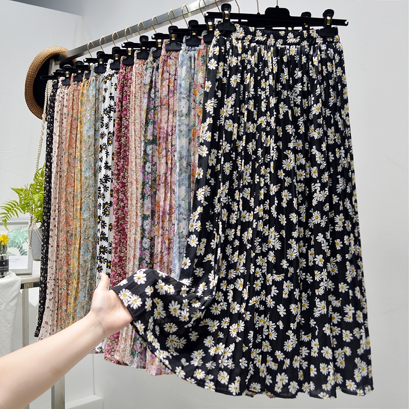 shop with crypto buy Summer Skirts Womens 2020 New Vintage Floral Print Chiffon Pleated Skirt Elastic High Waist Casual Midi Skirt Women Clothes Jupe pay with bitcoin