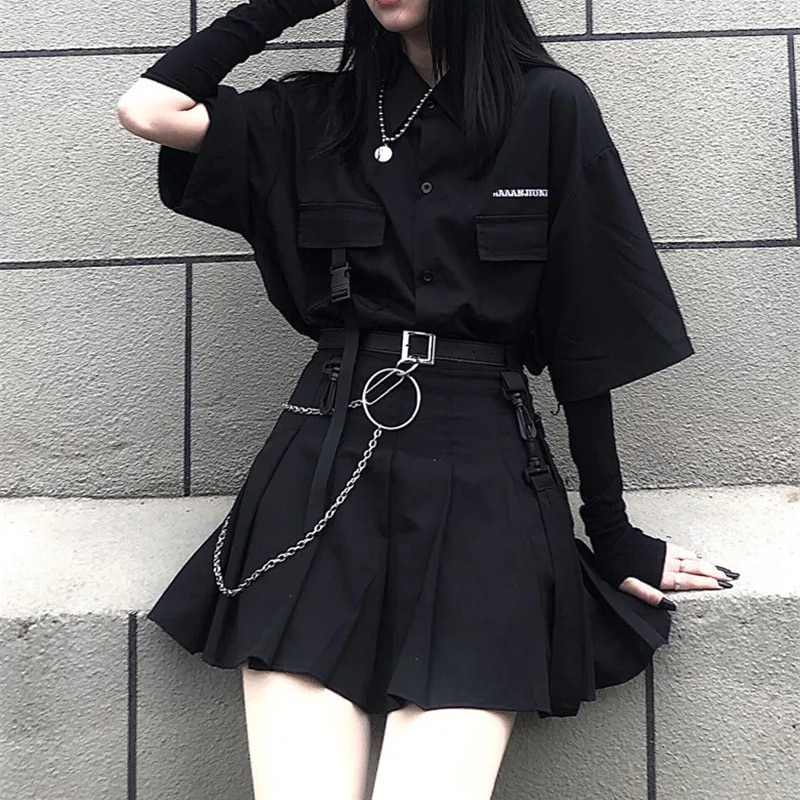 shop with crypto buy Single   set summer Korean versatile dark loose BF shirt top women fashion two piece set skirt jupe dropshipping pay with bitcoin