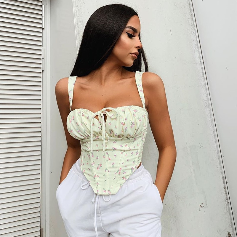 shop with crypto buy NewAsia Floral Corset Women Sweet Print Hollow Up Tie Up Sexy Crop Top Summer Sleeveless Ruched Boning Bustier Casual Tank Top pay with bitcoin
