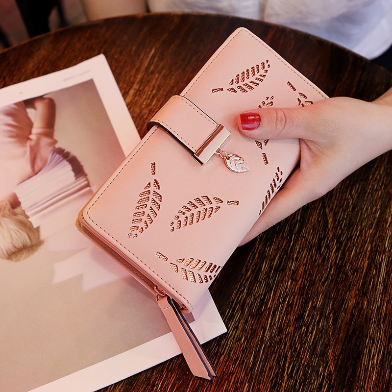 shop with crypto buy Women Wallet PU Leather Purse Female Long Wallet Gold Hollow Leaves Pouch Handbag for Women Coin Purse Card Holders Clutch pay with bitcoin