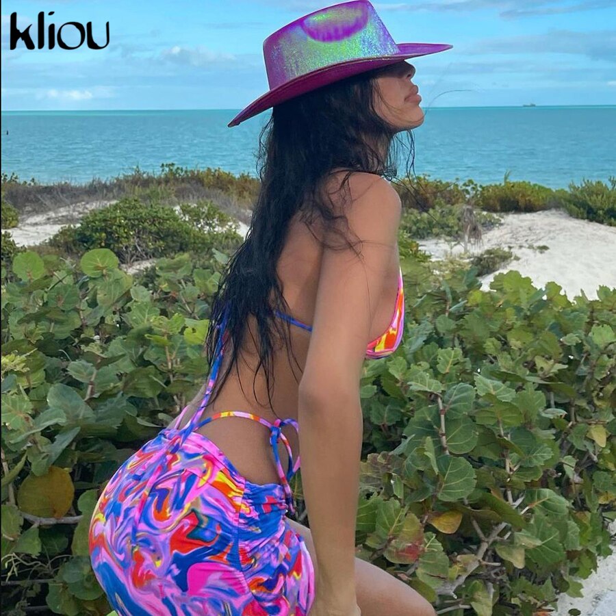 shop with crypto buy Kliou Bandage Halter Print 2021 Two Piece Sets Women Backless Sexy Hot Tops Drawstring Stacked Skirts Summer Vacation Outfits pay with bitcoin