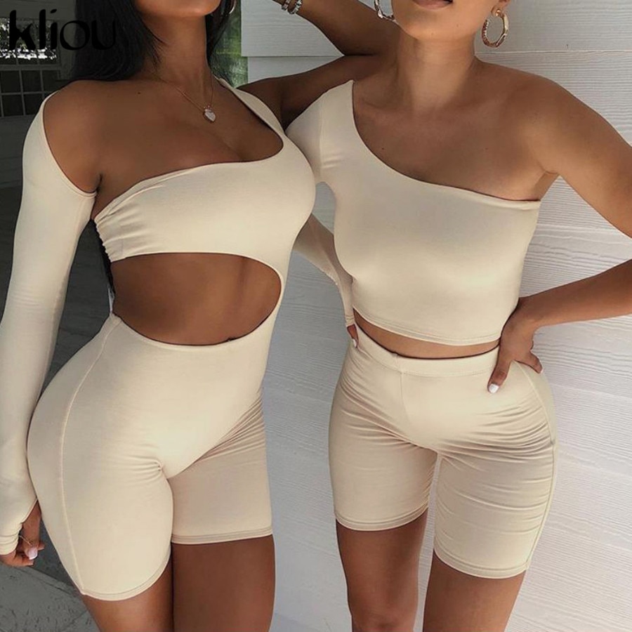 shop with crypto buy Kliou Solid Asymmetrical Two Piece Sets Women Tracksuit Crop Tops Elastic Bike Shorts Sporty Matching Suits Casual Female Outfit pay with bitcoin