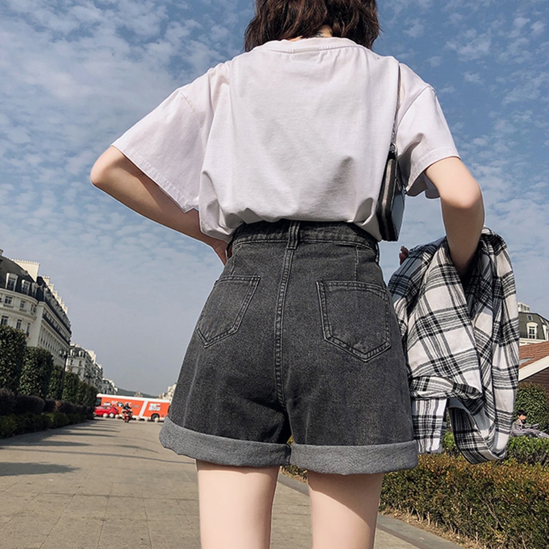 shop with crypto buy FTLZZ New Summer Women High Waist Button Wigh Leg Jeans Shorts Casual Female Loose Fit Blue Denim Shorts pay with bitcoin