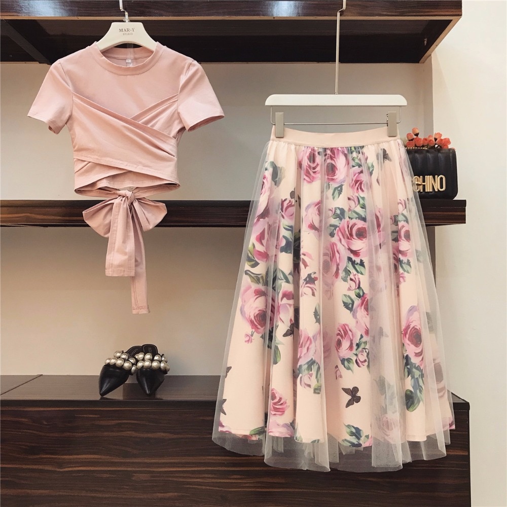 shop with crypto buy HIGH QUALITY Women Irregular T Shirt Mesh Skirts Suits Bowknot Solid Tops Vintage Floral Skirt Sets Elegant Woman Two Piece Set pay with bitcoin
