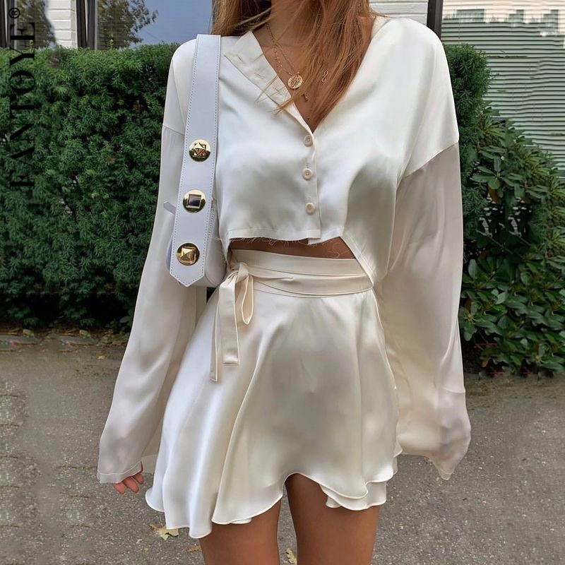 shop with crypto buy Fantoye Casual Satin Two Piece Dress Set For Women White O neck Button Top Bandage Mini Pencil Skirts Outfits Fashion Party Suit pay with bitcoin