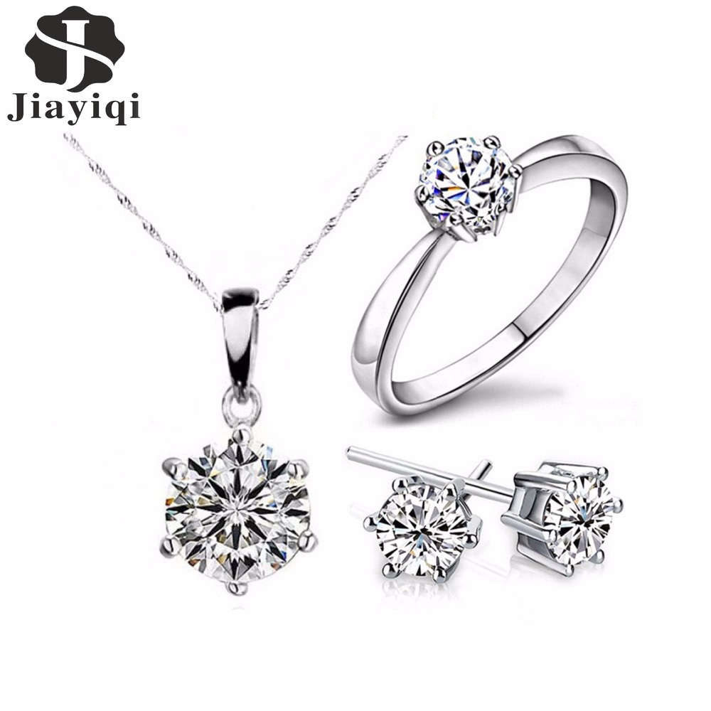 shop with crypto buy Hot Sale Silver Color Fashion Jewelry Sets Cubic Zircon Statement Necklace  Earrings Rings Wedding Jewelry for Women Gift pay with bitcoin