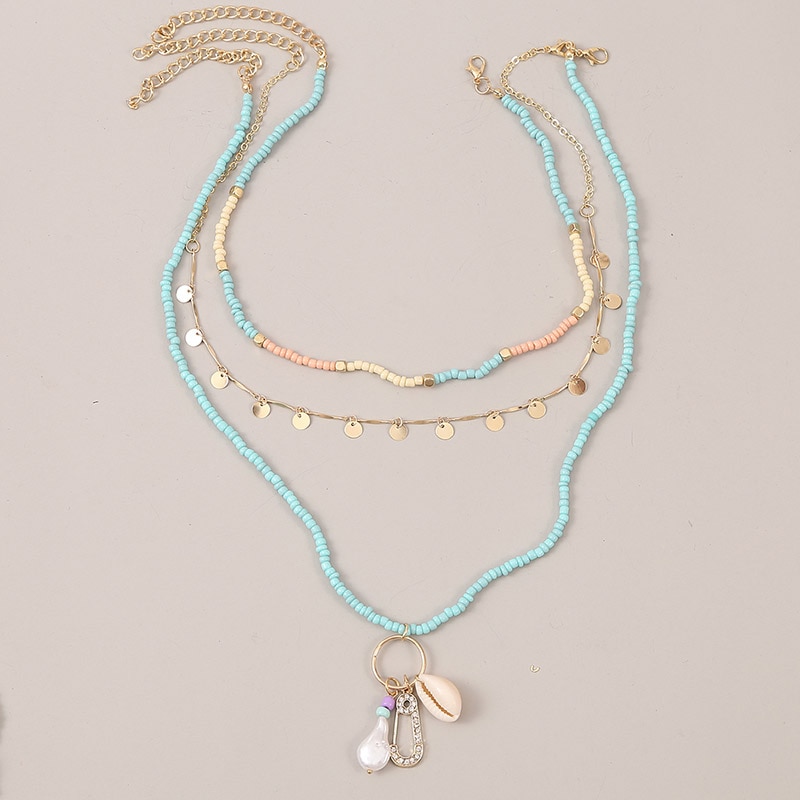 shop with crypto buy 3 Pcs Set Beach Style Fashion Blue Glass Beaded Long Necklaces For Women Bohemian Shell Pearl Pin Pendant Gold Chain Necklace pay with bitcoin