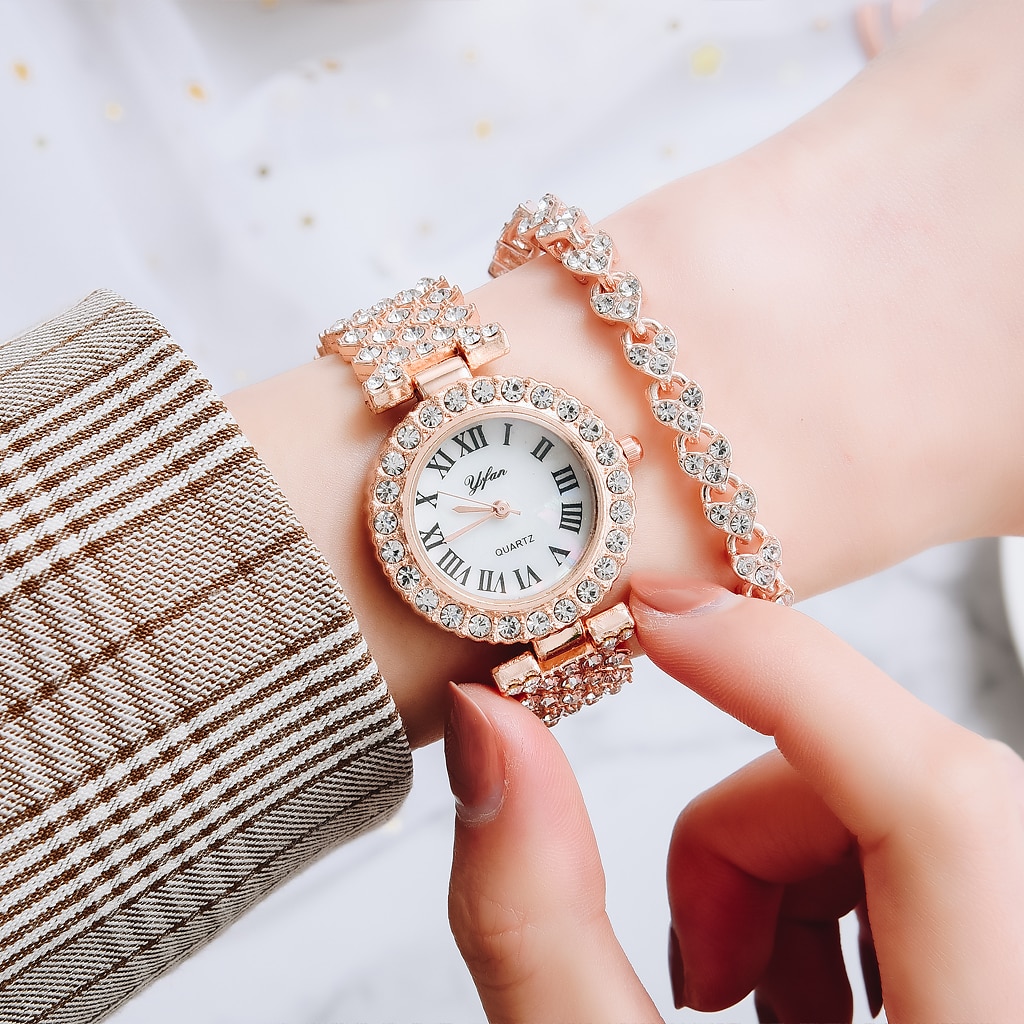 shop with crypto buy Luxury Women Rose Gold Watch Fashion Ladies Quartz Diamond Wristwatch Elegant Female Bracelet Watches 2pcs Set Reloj Mujer pay with bitcoin