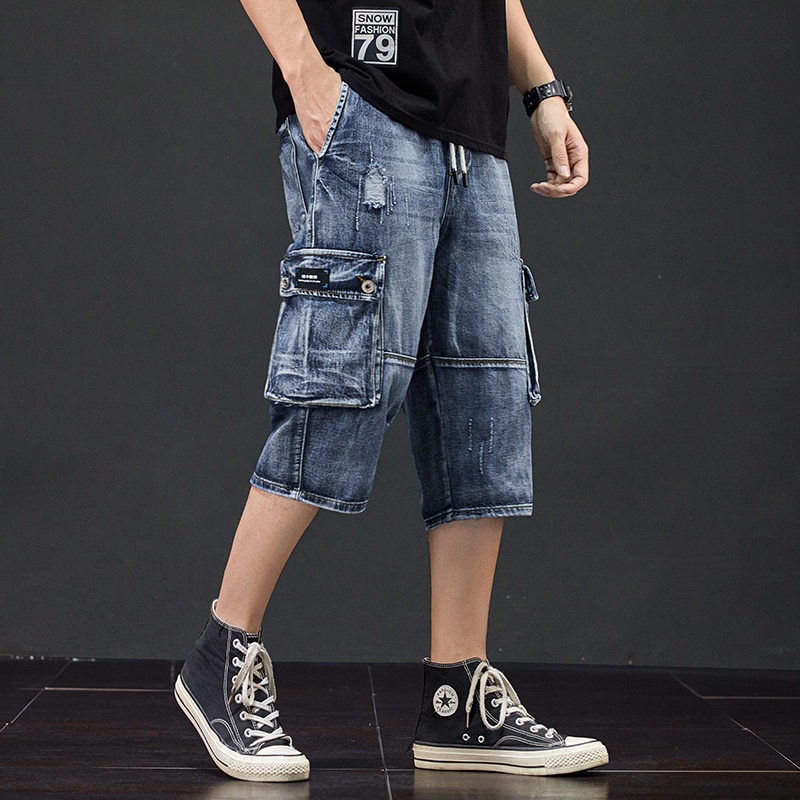 shop with crypto buy Denim Shorts Jeans 3/4 Men Hole Side Pockets Breeches Jean Destroyed Calf Pants Summer Destressed Trouser Male Style Cargo Jeans pay with bitcoin