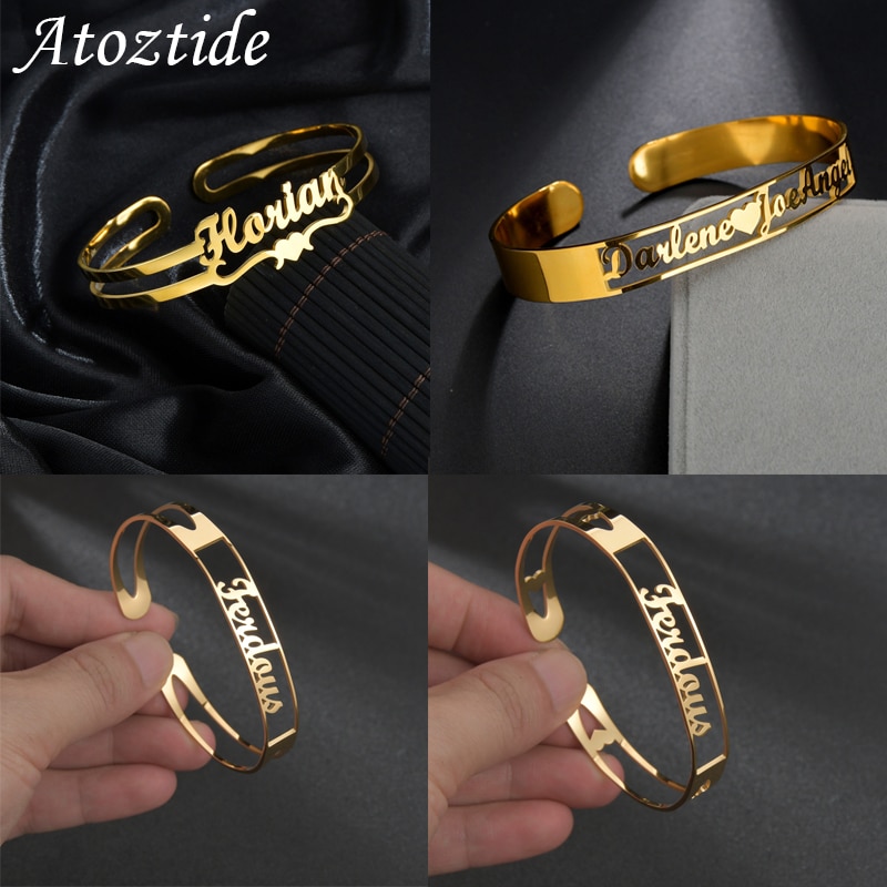 shop with crypto buy Atoztide Customized Letter Name Bracelet Personalized Custom Bangles Women Men Rose Gold Stainless Steel Chrismas Jewelry Gift pay with bitcoin