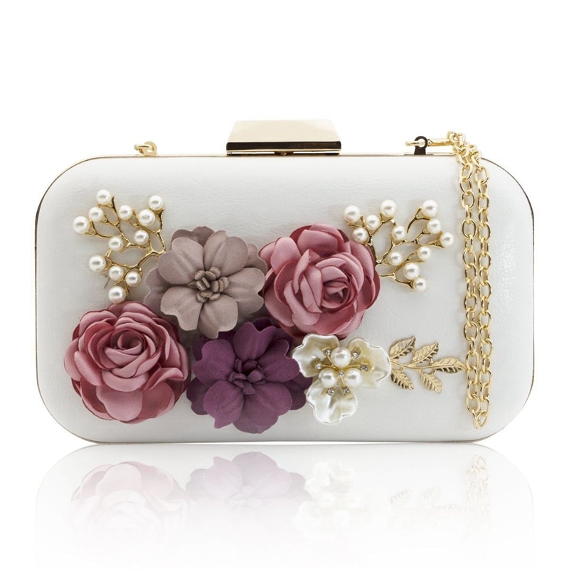 shop with crypto buy Women Clutches Purses Bags Flower Leather Envelope Pearl Wallet Evening Handbag(white) pay with bitcoin
