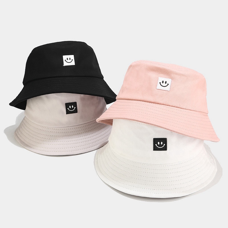 shop with crypto buy Fashion Women Bucket Hat New Candy Colors Smile Face Sun Hat Outdoor Sports Travel Beach Caps Fishermen Hats Hip Hop Female Cap pay with bitcoin