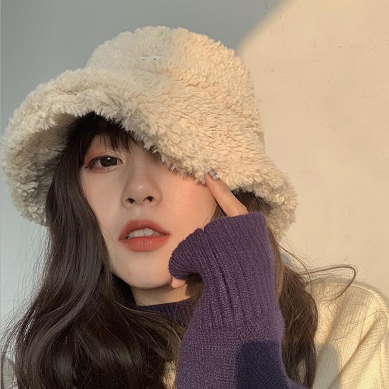 shop with crypto buy Winter Autumn Thick Warm Soft Lamb Wool Women Bucket Hat Solid Color Female Ladies Flat Top Hat Beanie Bonnet pay with bitcoin