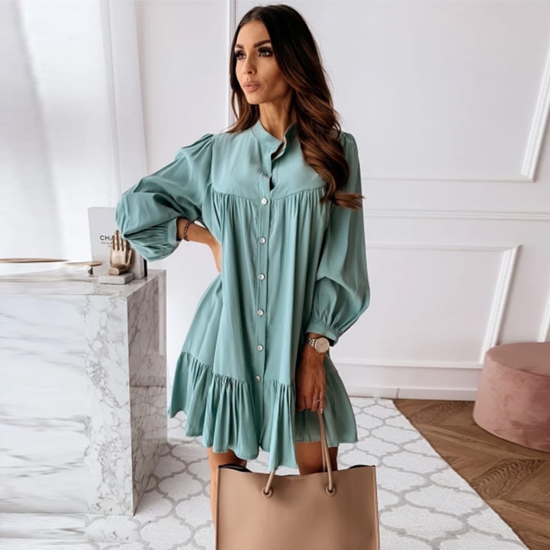 shop with crypto buy Women Vintage Ruffled Front Button A-line Dress Long Sleeve Stand Collar Solid Elegant Casual Mini Dress 2021 Spring New Dress pay with bitcoin